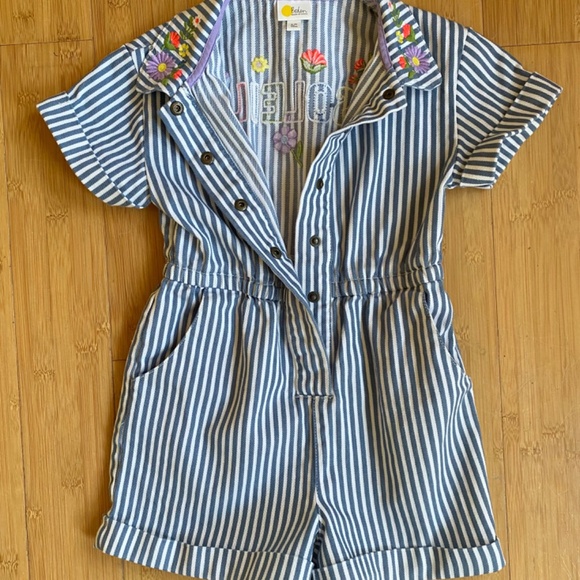 Boden Girls size 6-7 years Blue Ticking Stripe Denim Romper SOLEIL Brand New - Picture 2 of 13